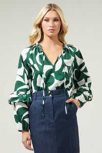 Basil Abstract Ceci Ruffle Puff Sleeve Top