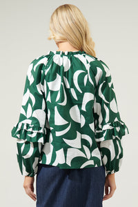 Basil Abstract Ceci Ruffle Puff Sleeve Top