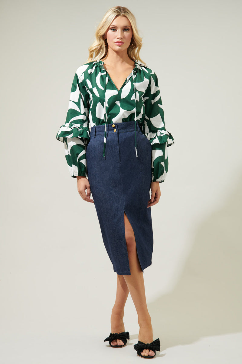 Basil Abstract Ceci Ruffle Puff Sleeve Top