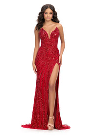 A stunning red gown featuring a plunging V-neckline, intricate beading, and a thigh-high slit, perfect for prom, galas, or black tie events. Available near Apex, Cary, and Raleigh for those seeking a show-stopping look.