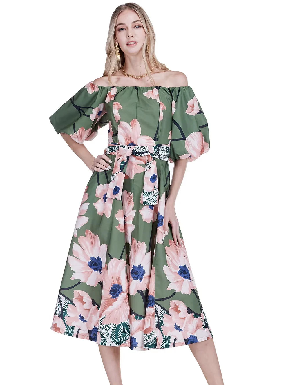 Olive Bloom Off-Shoulder Midi Dress