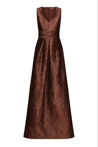 Elegant chocolate brown Mariah Gown featuring a sleeveless design and a flattering V-neckline, perfect for formal occasions like mother of the bride events, galas, or black tie weddings. Available for pre-order near Apex, Cary, and Raleigh.