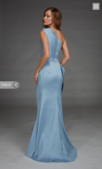 A model showcases a stunning glacier blue gown with a fitted silhouette and a dramatic one-shoulder design.