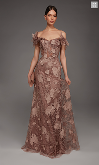 A model showcases an elegant off-the-shoulder gown in a rich cocoa hue, adorned with intricate floral lace detailing.