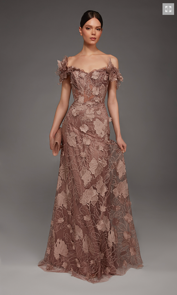 A model showcases an elegant off-the-shoulder gown in a rich cocoa hue, adorned with intricate floral lace detailing.