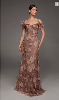 A model showcases an elegant off-the-shoulder gown in a rich cocoa color, adorned with intricate floral lace detailing.
