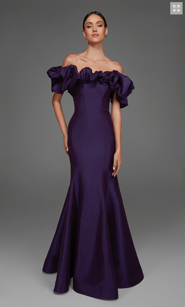 A stunning off-the-shoulder gown in rich plum, featuring a dramatic ruffled neckline and a fitted silhouette that flares at the hem.