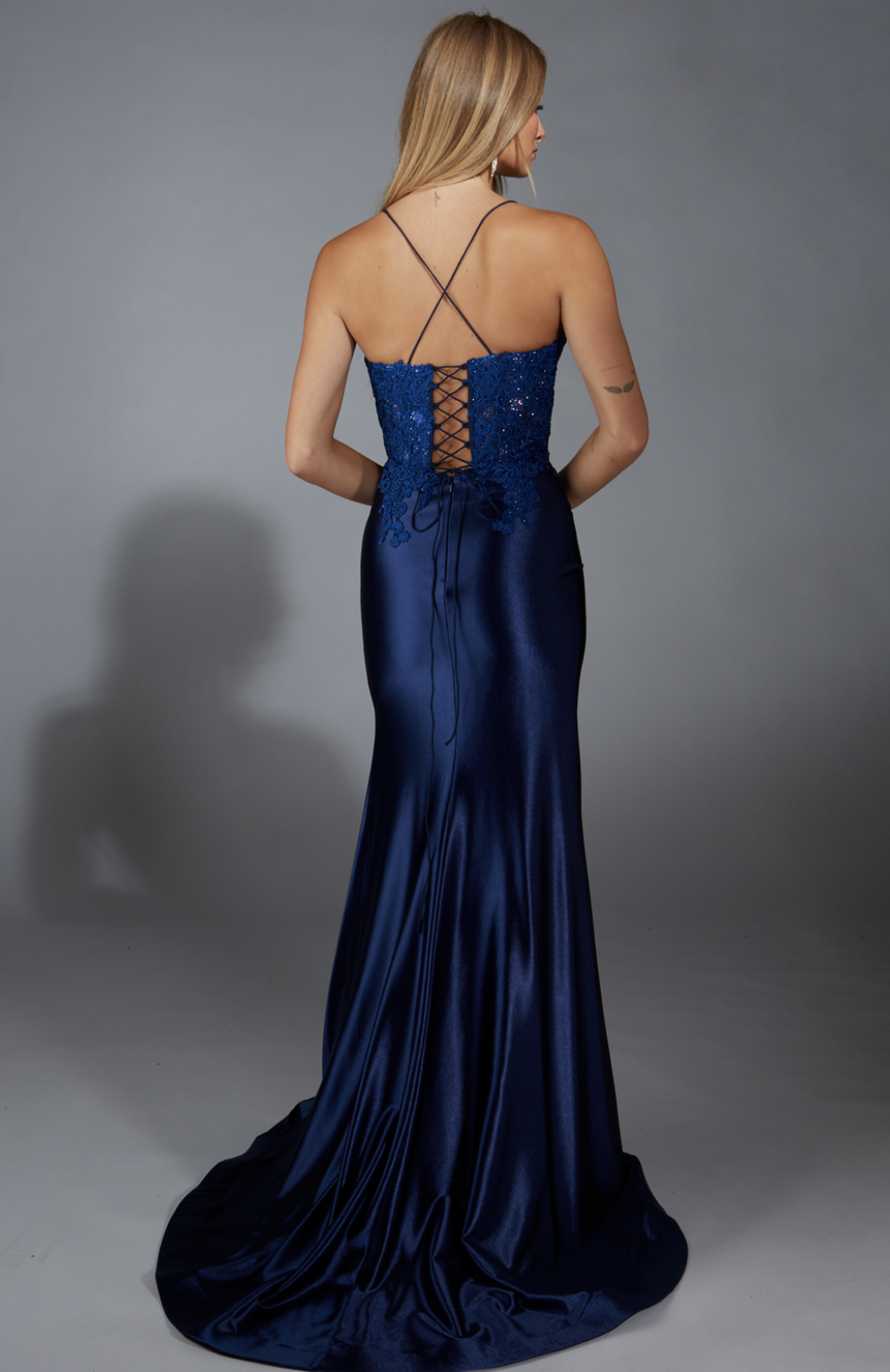 Navy Satin Fitted Gown | AP-1877
