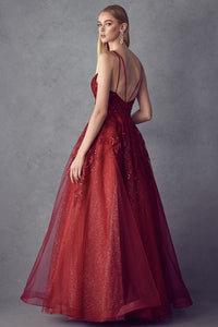 Embroidered Bodice Ball Gown | Burgundy