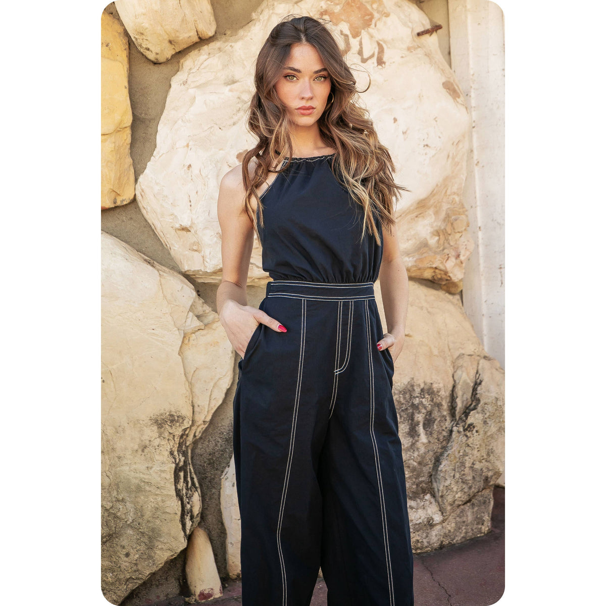 Reputation Contract Stitch Halter Back Tie Jumpsuit