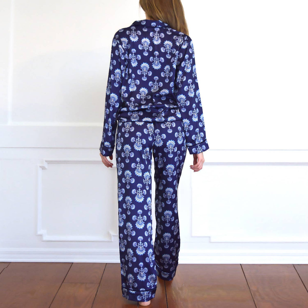 Navy Fan Satin Pant PJ Set