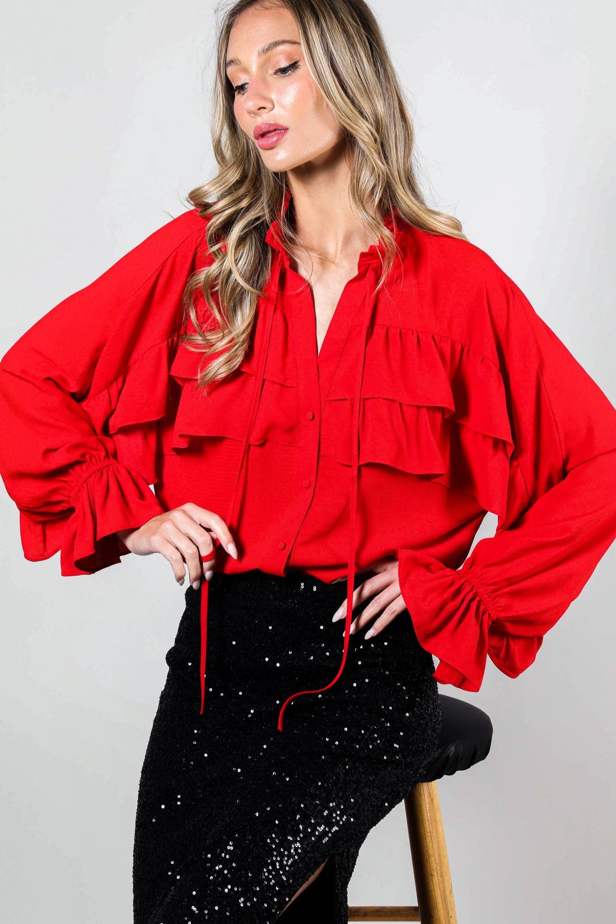 Keira Ruffle Button Down Blouse | Red