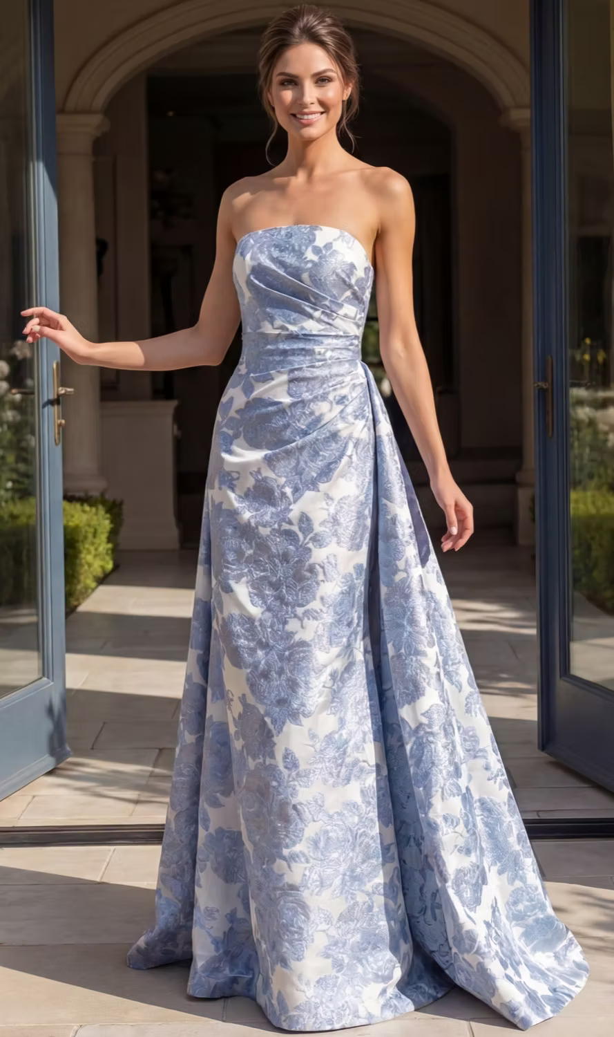 A model showcases an elegant strapless gown featuring a beautiful blue floral pattern, standing in an outdoor setting with large doors.