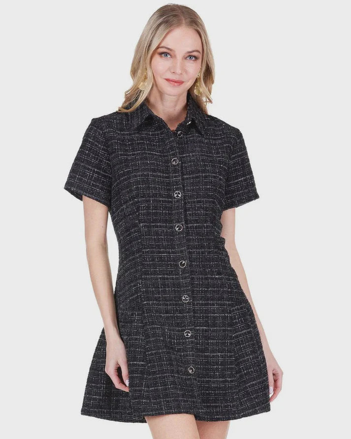Black Tweed Button Down Mini Dress