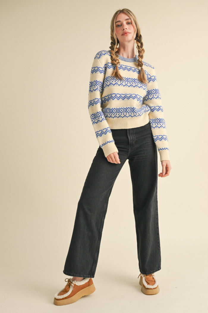 Geometric Ivory & Blue Sweater