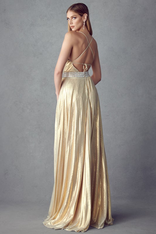 Pleated Metallic Gown | Gold Betty & Jane Boutique Pleated Metallic Gown | Gold Betty & Jane Boutique