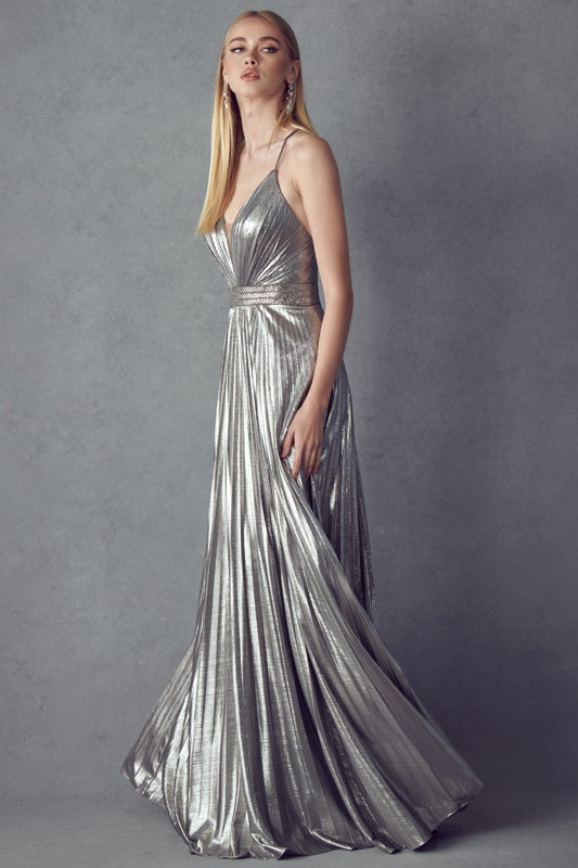 Pleated Metallic Gown