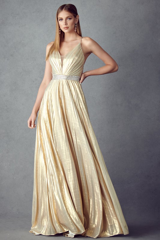 Pleated Metallic Gown | Gold