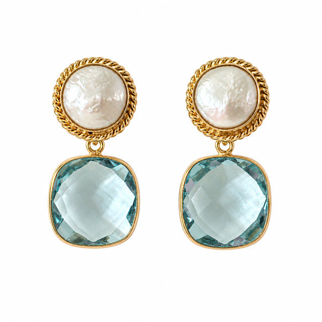 Elegant aqua quartz earrings featuring a freshwater pearl at the top and a faceted aqua stone below, set in gold-tone metal.