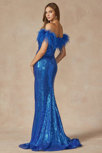 Sequin Off Shoulder Feather Gown | Royal Blue