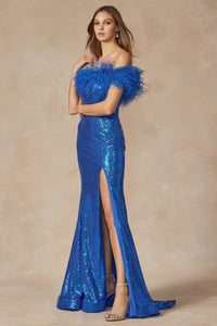 Sequin Off Shoulder Feather Gown | Royal Blue