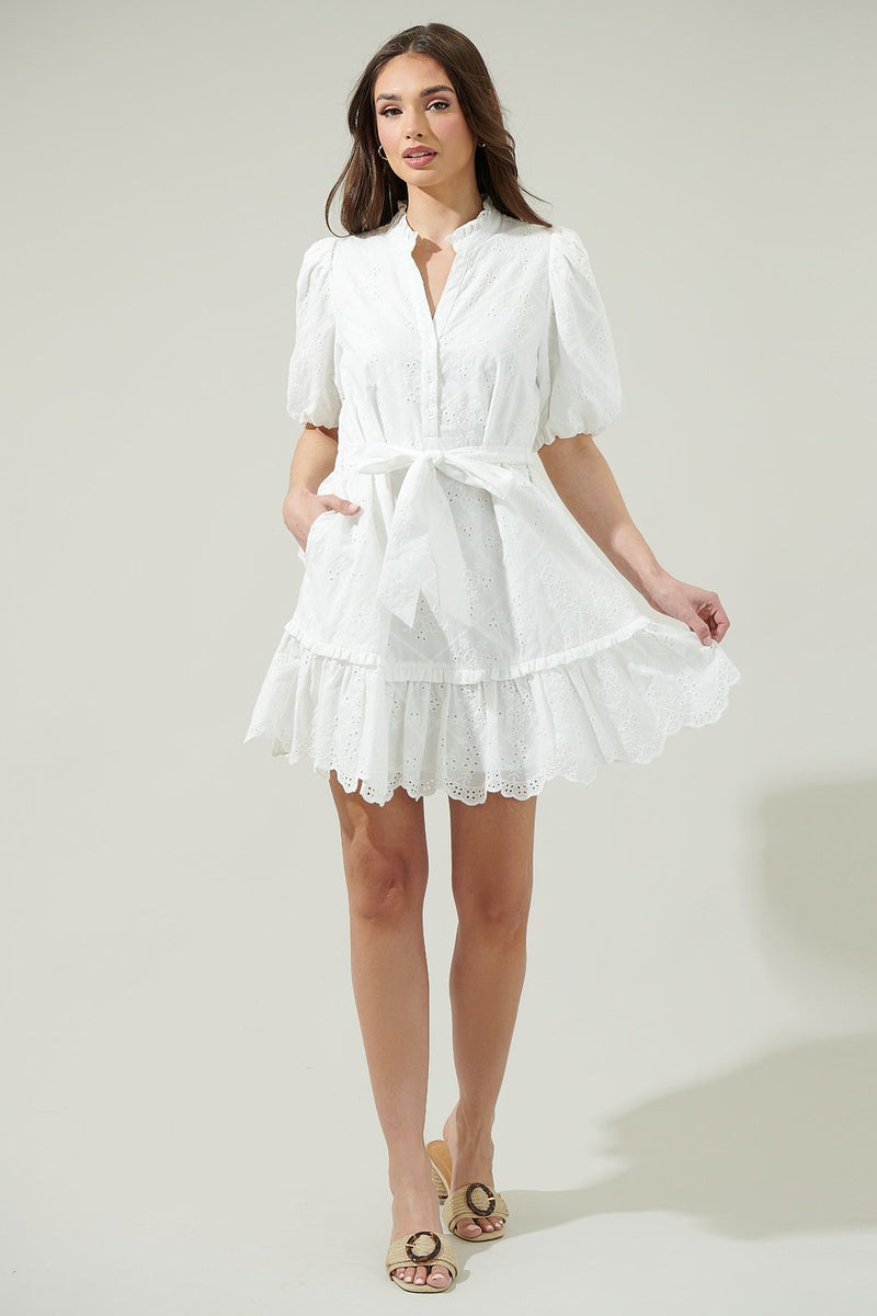 Sky Eyelet Sasha Split Neck Shift Mini Dress