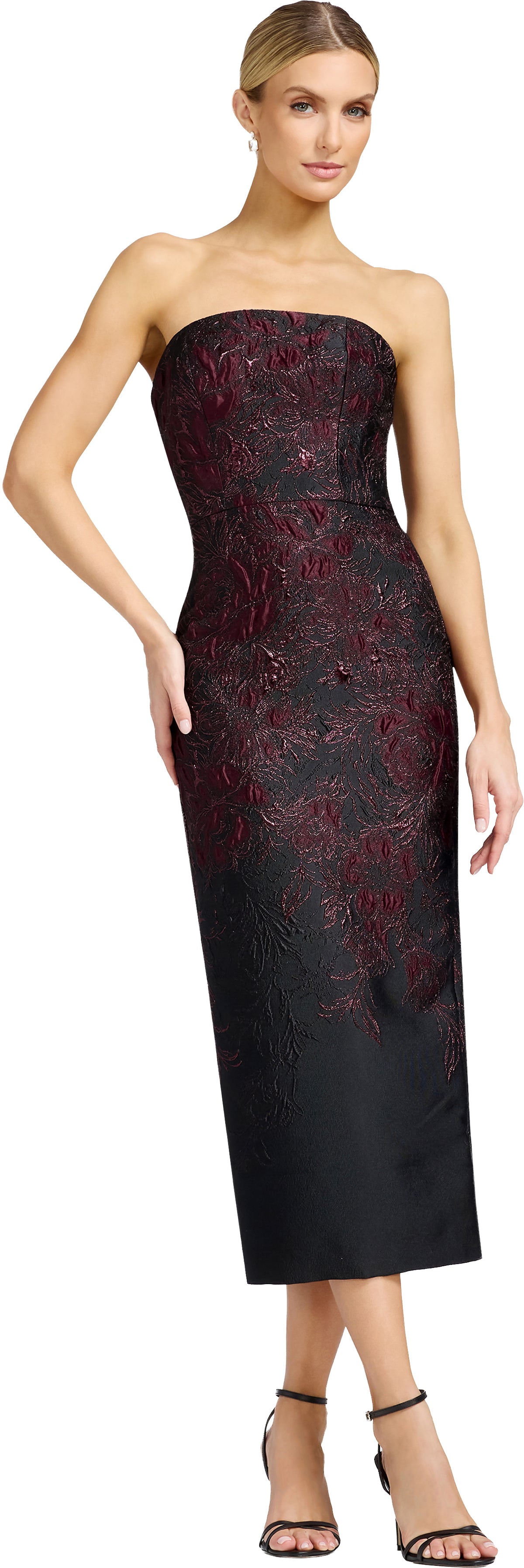 A stunning strapless evening gown featuring intricate burgundy floral embroidery on a sleek black base. Perfect for formal occasions like weddings, galas, or proms, this dress is conveniently located near Apex, Cary, and Raleigh.