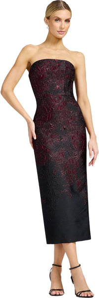A stunning strapless evening gown featuring intricate burgundy floral embroidery on a sleek black base. Perfect for formal occasions like weddings, galas, or proms, this dress is conveniently located near Apex, Cary, and Raleigh.